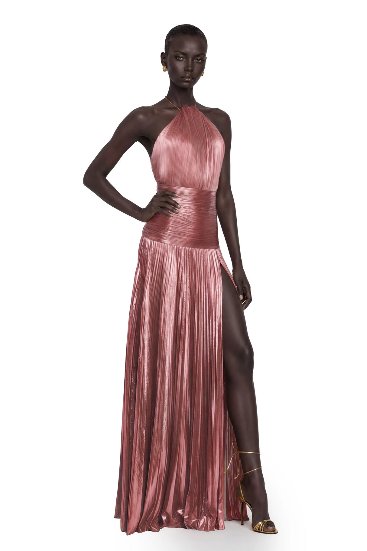 Alchimie Pink Glossy Pleated Maxi Dress