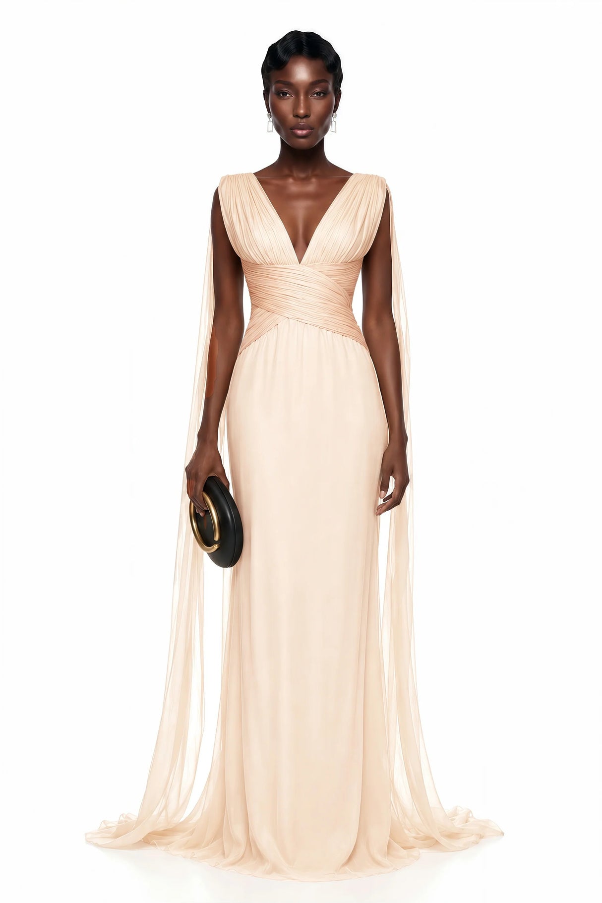 Alcyone Beige Plunge Neck Ruched Maxi Dress