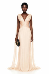 Alcyone Beige Plunge Neck Ruched Maxi Dress