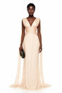 Alcyone Beige Plunge Neck Ruched Maxi Dress