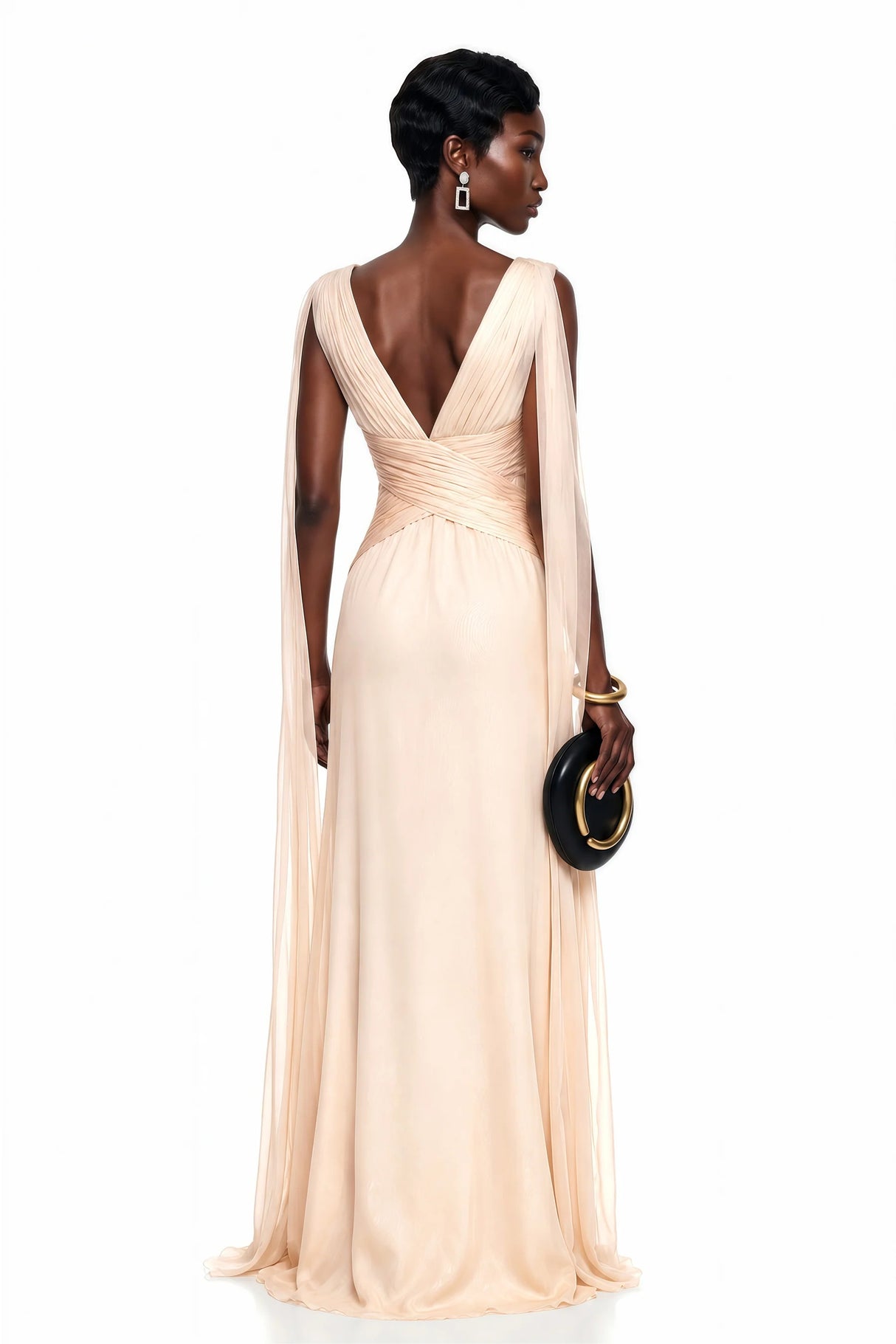 Alcyone Beige Plunge Neck Ruched Maxi Dress