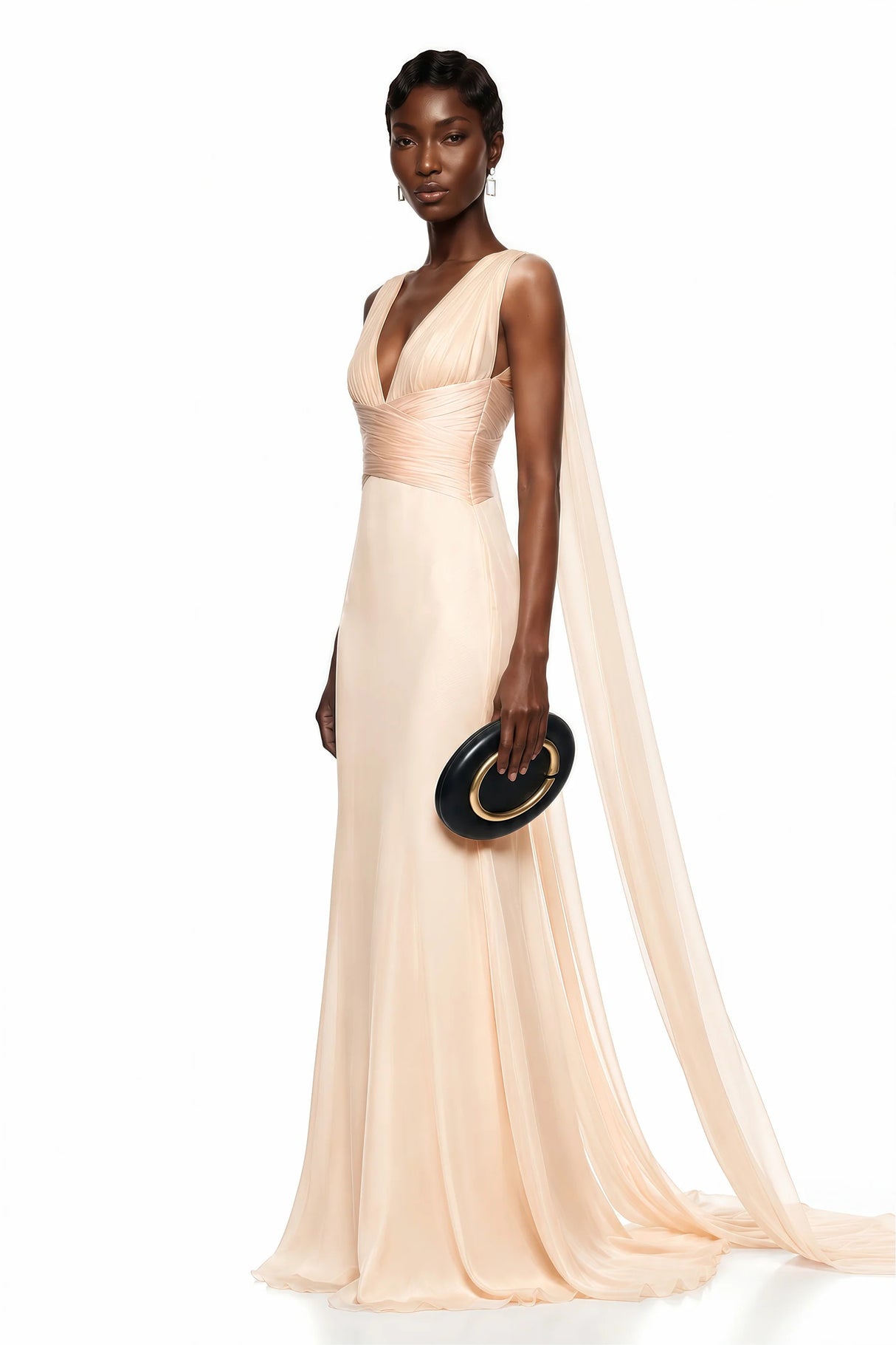 Alcyone Beige Plunge Neck Ruched Maxi Dress
