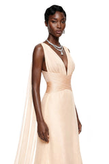 Alcyone Beige Plunge Neck Ruched Maxi Dress