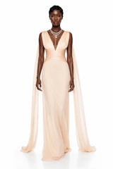 Alcyone Beige Plunge Neck Ruched Maxi Dress