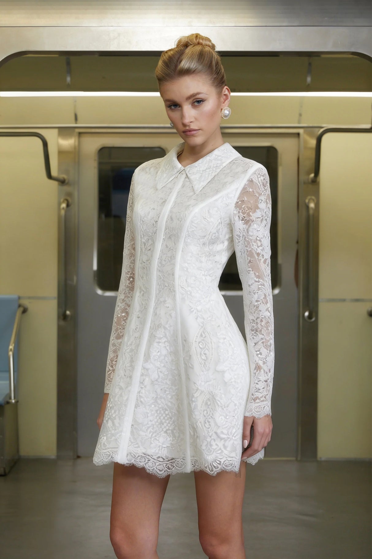 Aleksandra White Sequin Floral Lace Mini Dress