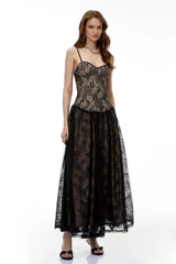 Alessa Black Floral Lace Maxi Dress with Tulle Panels