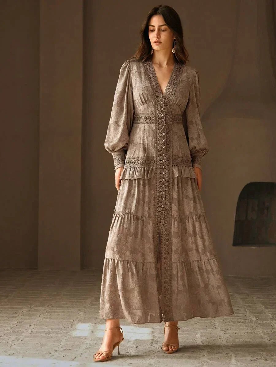 Alessandra Maxi Dress - V Neckline - Bishop Sleeve - High Waist - Tiered Layer - Elegant
