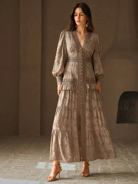 Alessandra Maxi Dress - V Neckline - Bishop Sleeve - High Waist - Tiered Layer - Elegant