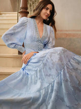 Alessandra Maxi Dress - V Neckline - Bishop Sleeve - High Waist - Tiered Layer - Elegant