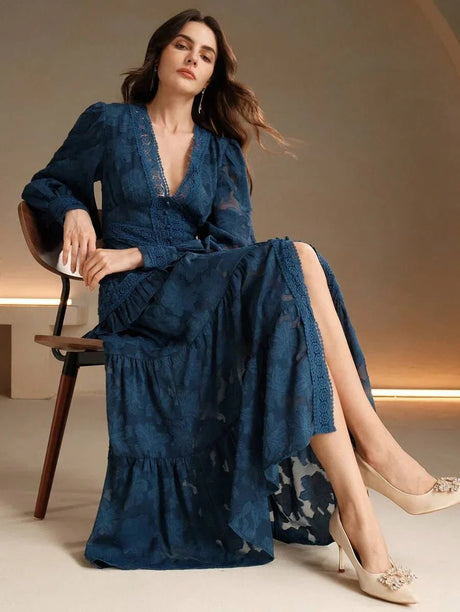 Alessandra Maxi Dress - V Neckline - Bishop Sleeve - High Waist - Tiered Layer - Elegant