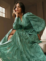 Alessandra Maxi Dress - V Neckline - Bishop Sleeve - High Waist - Tiered Layer - Elegant