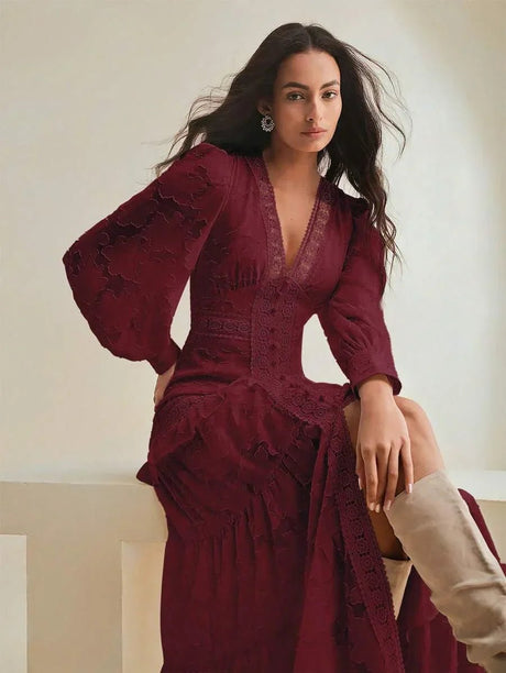 Alessandra Maxi Dress - V Neckline - Bishop Sleeve - High Waist - Tiered Layer - Elegant