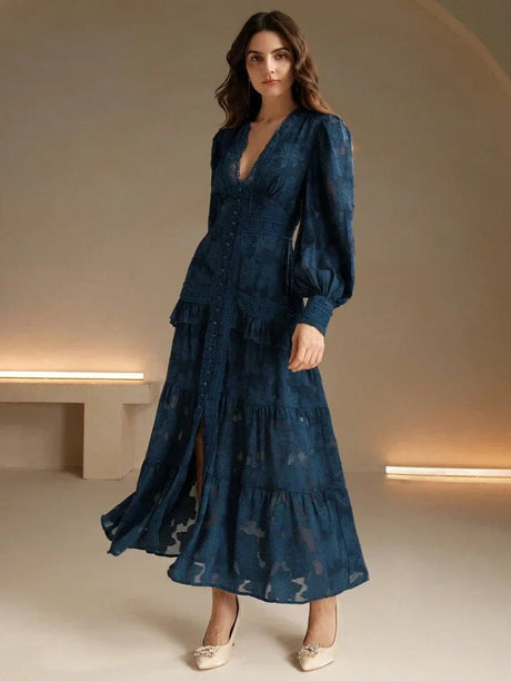 Alessandra Maxi Dress - V Neckline - Bishop Sleeve - High Waist - Tiered Layer - Elegant