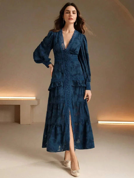 Alessandra Maxi Dress - V Neckline - Bishop Sleeve - High Waist - Tiered Layer - Elegant