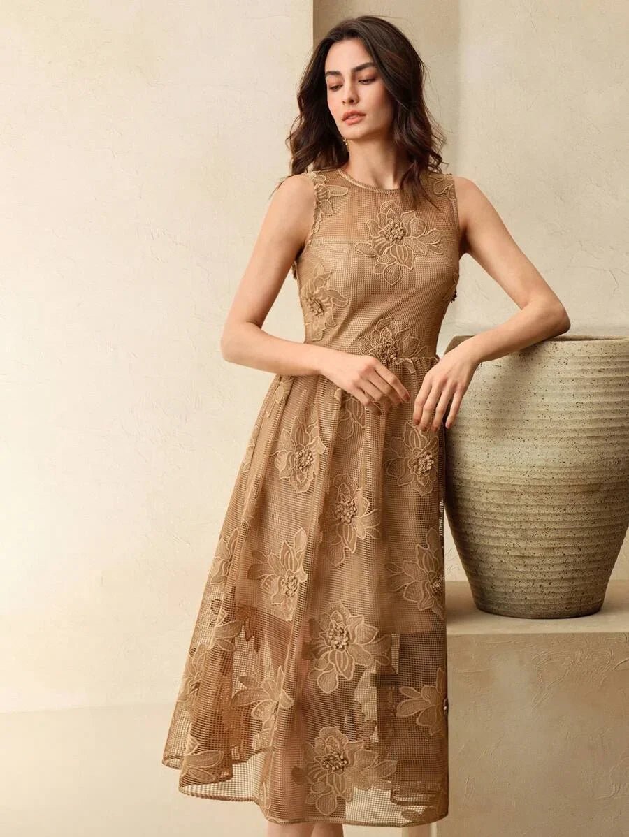 Alessandra Midi Dress - Round Neck - High Waist - A Line - Elegant - Coffee