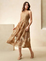 Alessandra Midi Dress - Round Neck - High Waist - A Line - Elegant - Coffee