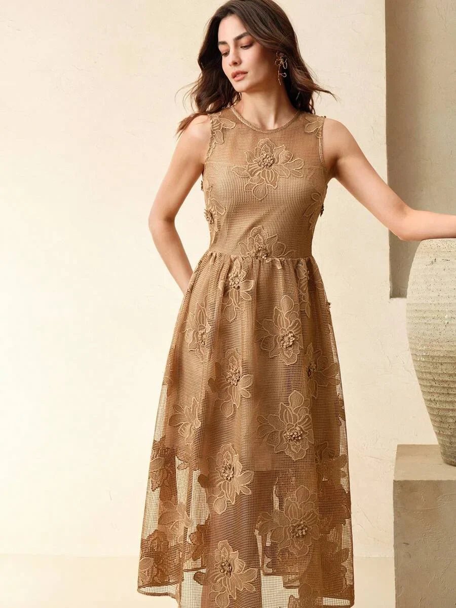Alessandra Midi Dress - Round Neck - High Waist - A Line - Elegant - Coffee