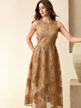 Alessandra Midi Dress - Round Neck - High Waist - A Line - Elegant - Coffee