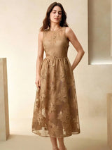 Alessandra Midi Dress - Round Neck - High Waist - A Line - Elegant - Coffee