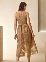 Alessandra Midi Dress - Round Neck - High Waist - A Line - Elegant - Coffee