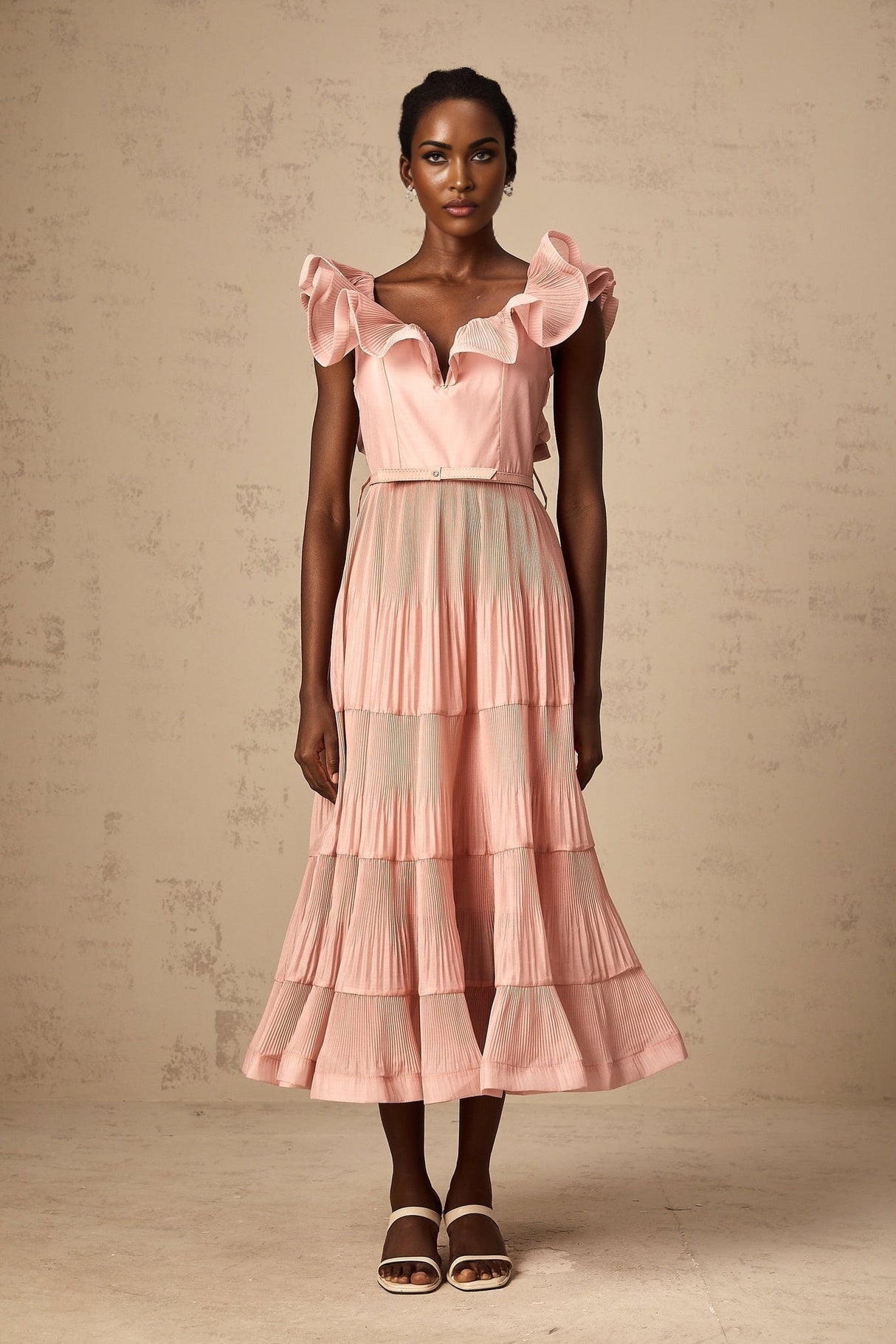 Alessandra Midi Dress - Sweetheart Neck - Sleeveless - Detachable Belt - Open Back