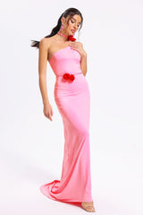 Alessandra Pink One-Shoulder Formal Dress Luxurious Fabric Floral Belt Floor-Length Elegant Evening Soirée Special Occasion Confidence Style Vibrant Hue Femininity Elegance