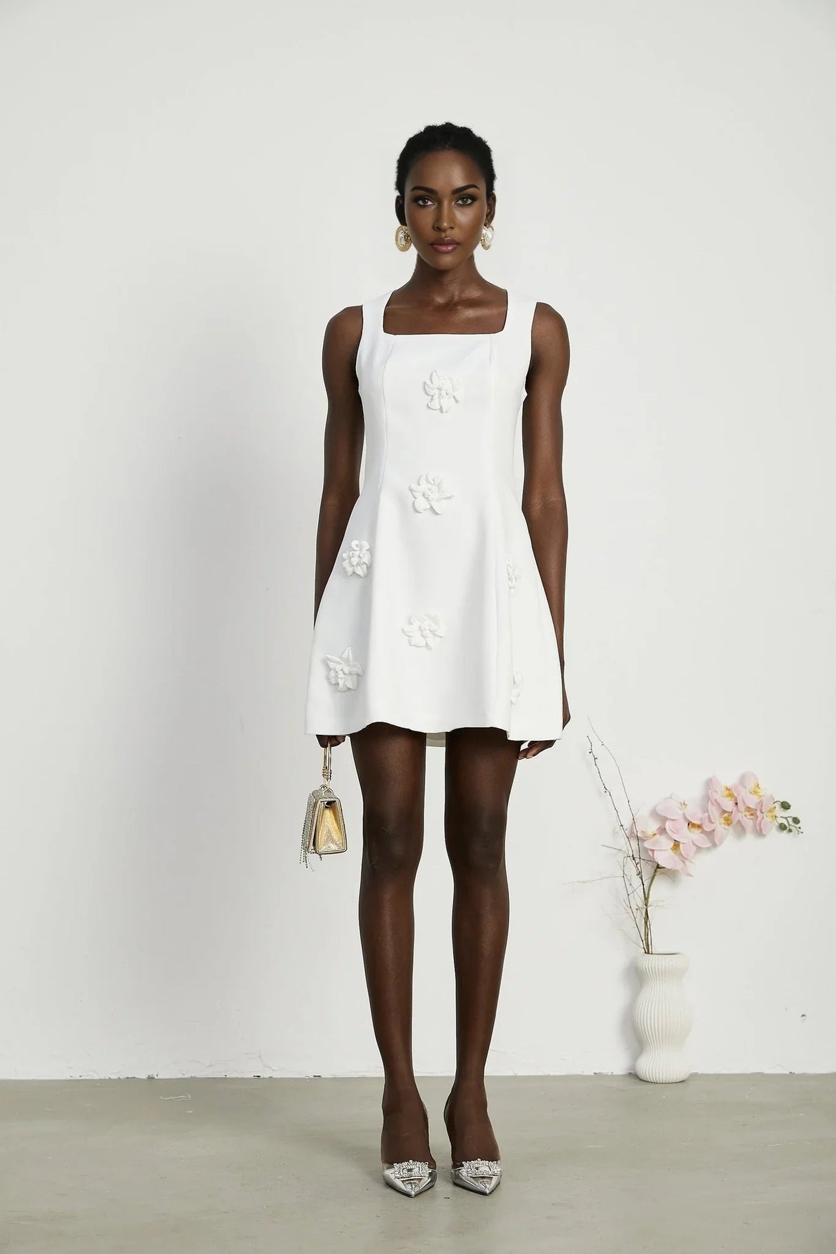 Alessandra White Mini Dress - Sleeveless Square Neck - Faux - Flower Embellishment - Flared Skirt - Rear Zip Fastening