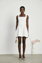 Alessandra White Mini Dress - Sleeveless Square Neck - Faux - Flower Embellishment - Flared Skirt - Rear Zip Fastening