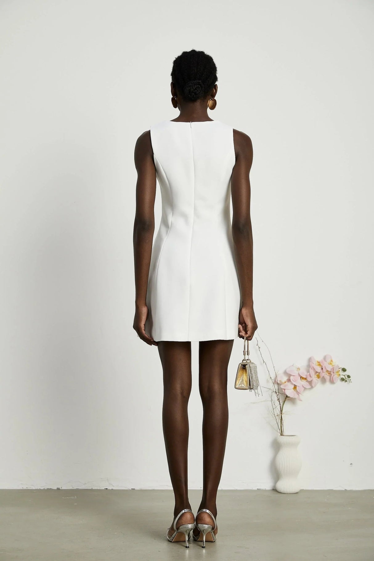 Alessandra White Mini Dress - Sleeveless Square Neck - Faux - Flower Embellishment - Flared Skirt - Rear Zip Fastening
