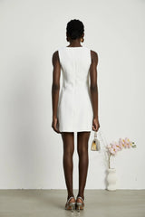Alessandra White Mini Dress - Sleeveless Square Neck - Faux - Flower Embellishment - Flared Skirt - Rear Zip Fastening