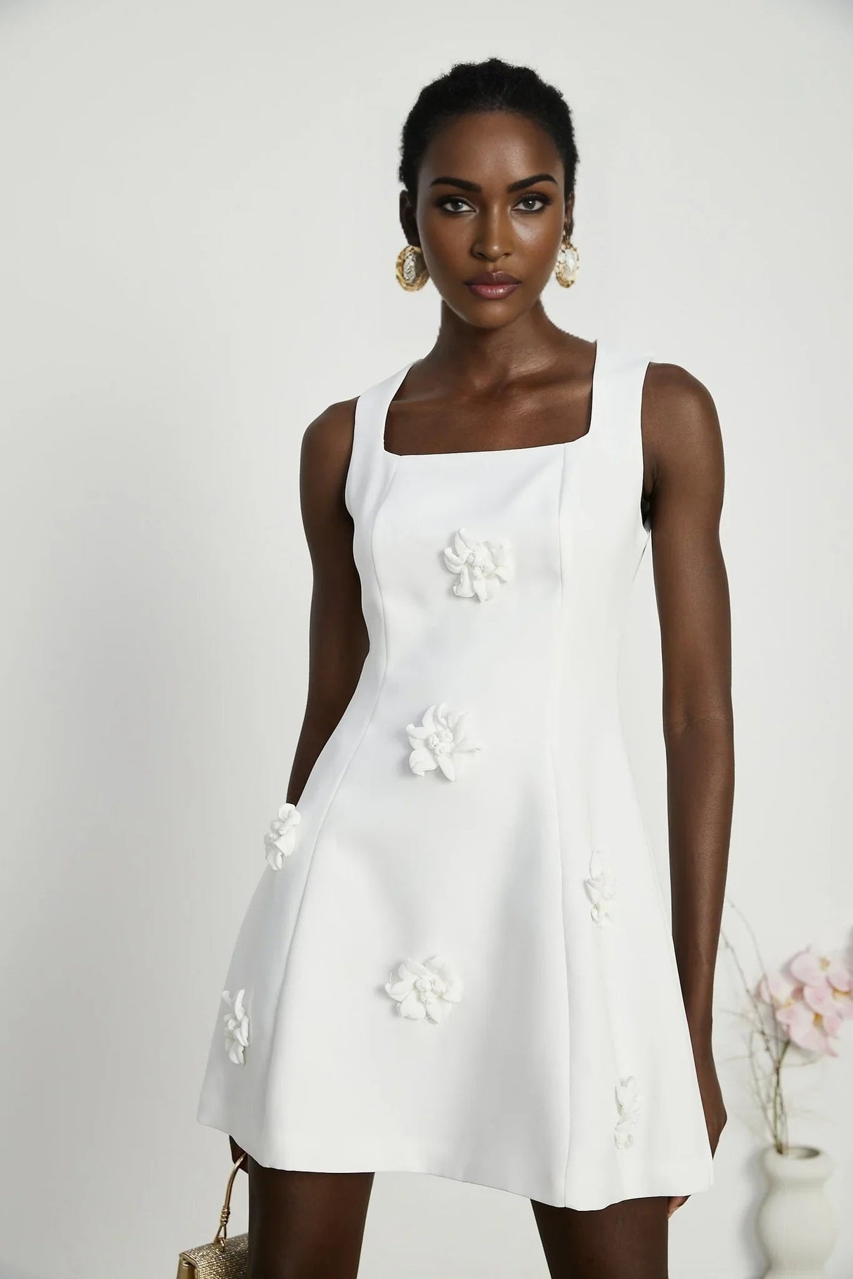 Alessandra White Mini Dress - Sleeveless Square Neck - Faux - Flower Embellishment - Flared Skirt - Rear Zip Fastening