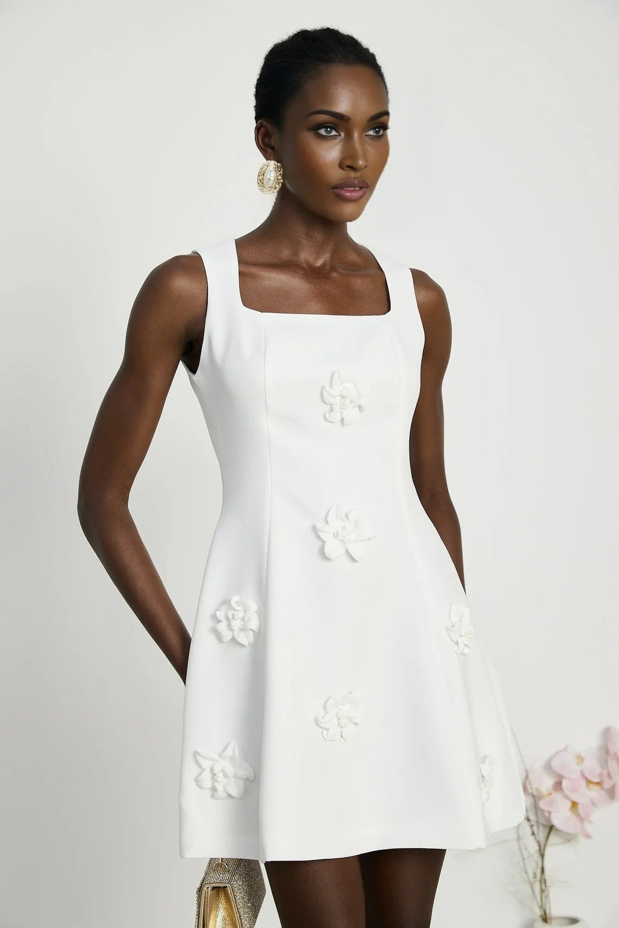 Alessandra White Mini Dress - Sleeveless Square Neck - Faux - Flower Embellishment - Flared Skirt - Rear Zip Fastening