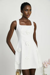 Alessandra White Mini Dress - Sleeveless Square Neck - Faux - Flower Embellishment - Flared Skirt - Rear Zip Fastening