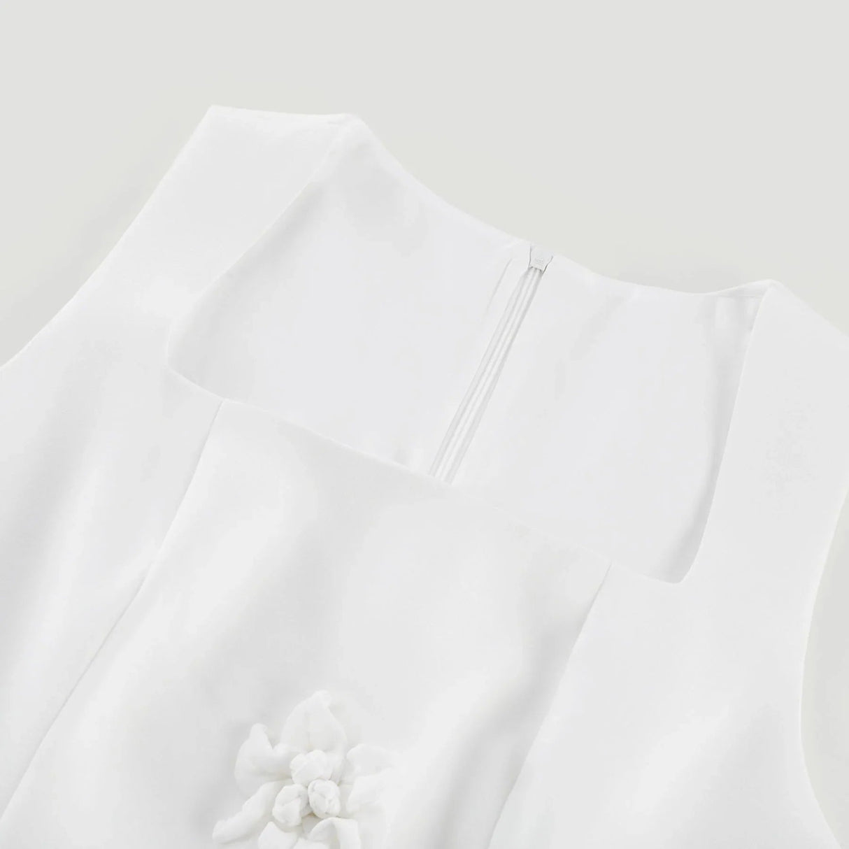 Alessandra White Mini Dress - Sleeveless Square Neck - Faux - Flower Embellishment - Flared Skirt - Rear Zip Fastening