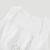 Alessandra White Mini Dress - Sleeveless Square Neck - Faux - Flower Embellishment - Flared Skirt - Rear Zip Fastening