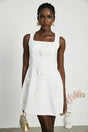 Alessandra White Mini Dress - Sleeveless Square Neck - Faux - Flower Embellishment - Flared Skirt - Rear Zip Fastening