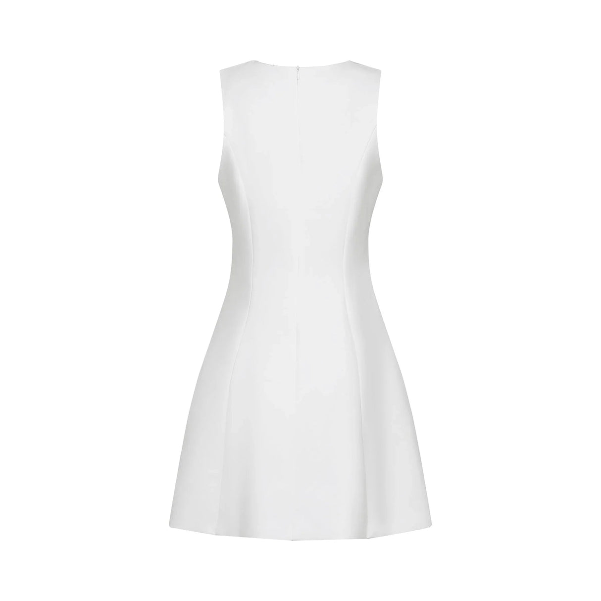 Alessandra White Mini Dress - Sleeveless Square Neck - Faux - Flower Embellishment - Flared Skirt - Rear Zip Fastening