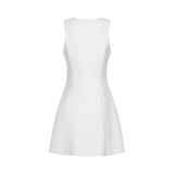 Alessandra White Mini Dress - Sleeveless Square Neck - Faux - Flower Embellishment - Flared Skirt - Rear Zip Fastening