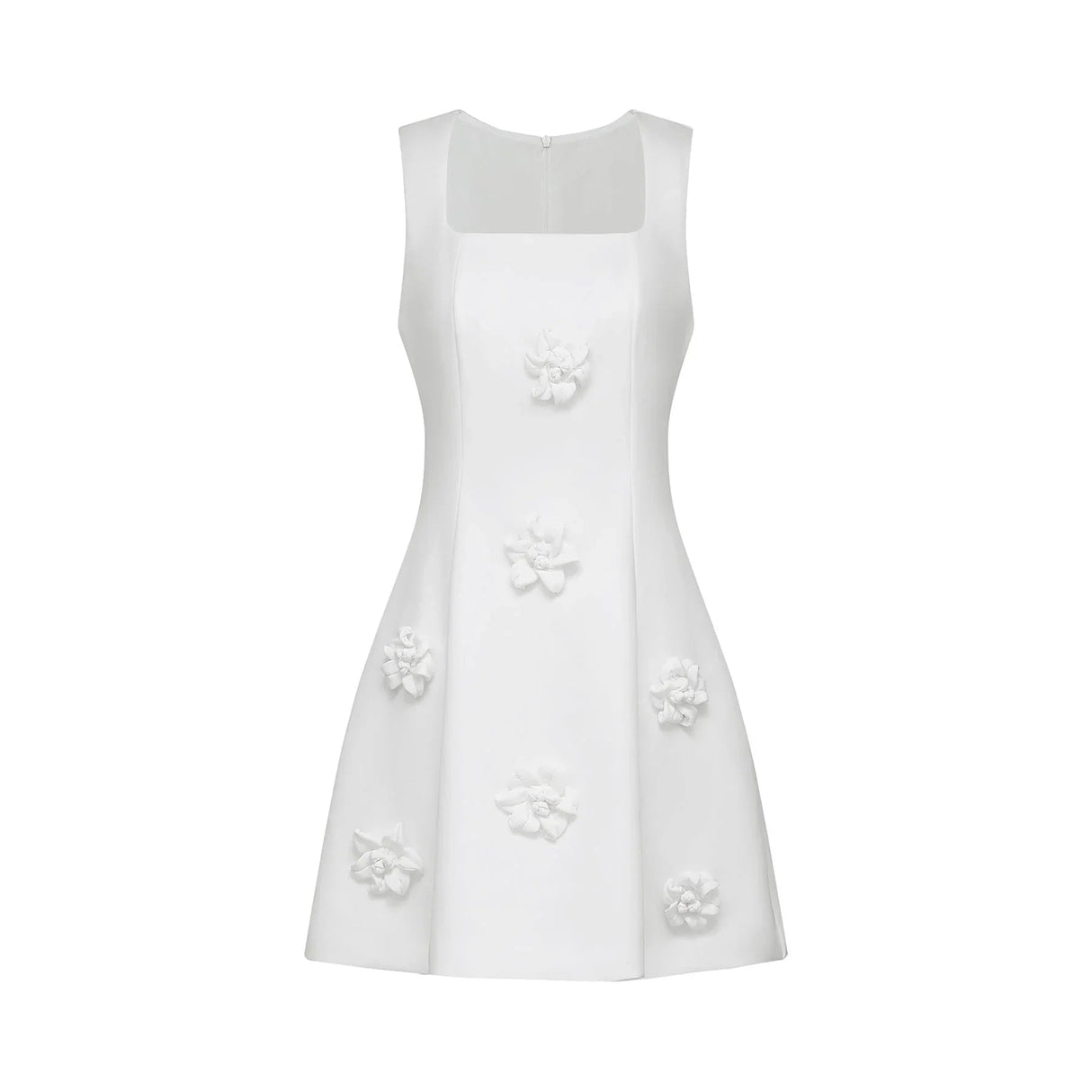 Alessandra White Mini Dress - Sleeveless Square Neck - Faux - Flower Embellishment - Flared Skirt - Rear Zip Fastening
