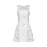 Alessandra White Mini Dress - Sleeveless Square Neck - Faux - Flower Embellishment - Flared Skirt - Rear Zip Fastening