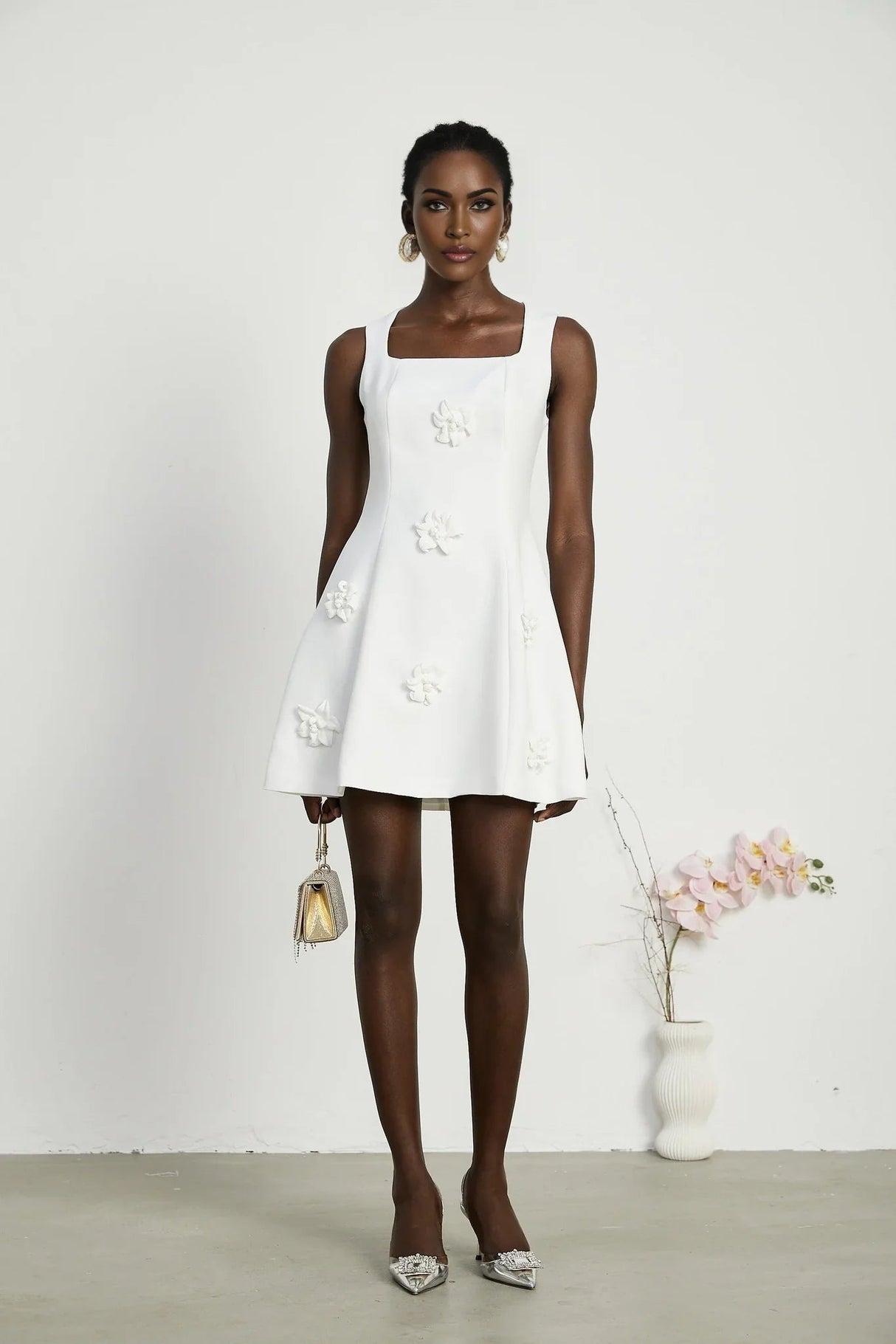 Alessandra White Mini Dress - Sleeveless Square Neck - Faux - Flower Embellishment - Flared Skirt - Rear Zip Fastening