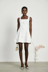 Alessandra White Mini Dress - Sleeveless Square Neck - Faux - Flower Embellishment - Flared Skirt - Rear Zip Fastening
