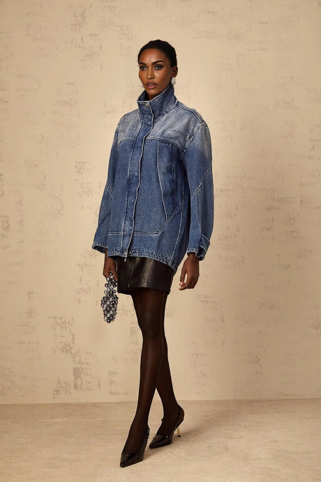 Alessandrina Denim Jacket Blue Patchwork Loose - Fit & Whiskering