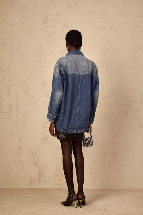 Alessandrina Denim Jacket Blue Patchwork Loose - Fit & Whiskering