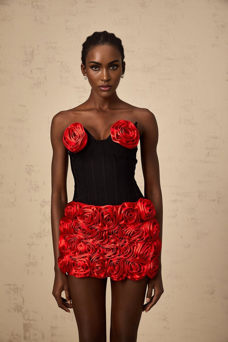 Alessandrina Skirt & Top Set - Sleeveless Sweetheart Top - Off - the - Shoulder Bodice - Rose Appliqué Detail - Fitted Silhouette