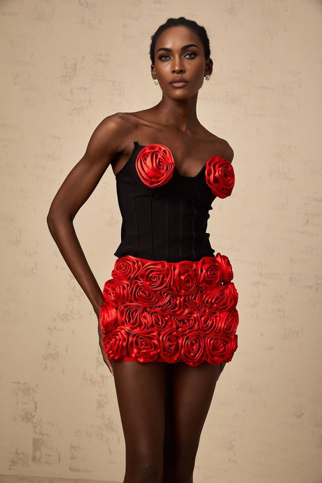 Alessandrina Skirt & Top Set - Sleeveless Sweetheart Top - Off - the - Shoulder Bodice - Rose Appliqué Detail - Fitted Silhouette