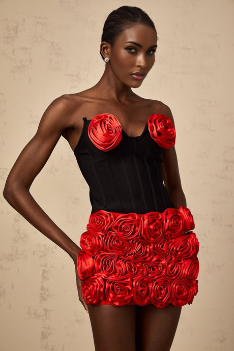 Alessandrina Skirt & Top Set - Sleeveless Sweetheart Top - Off - the - Shoulder Bodice - Rose Appliqué Detail - Fitted Silhouette