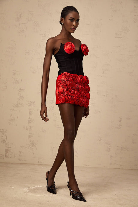 Alessandrina Skirt & Top Set - Sleeveless Sweetheart Top - Off - the - Shoulder Bodice - Rose Appliqué Detail - Fitted Silhouette