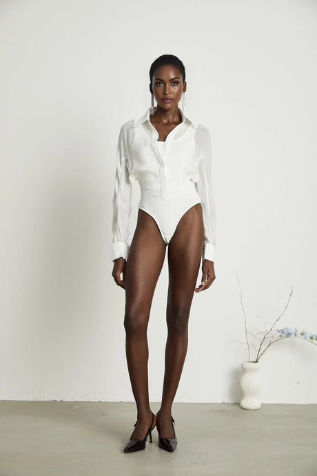 Alessia Bodysuit - Lapels - Long Sleeves - Scoop Back - Boned Design
