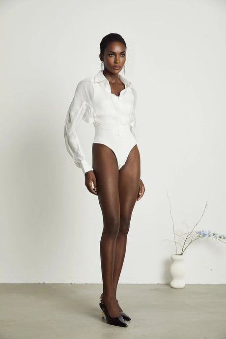 Alessia Bodysuit - Lapels - Long Sleeves - Scoop Back - Boned Design